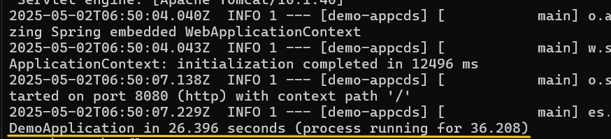 Logs de un pod corriendo la aplicación con AppCDS